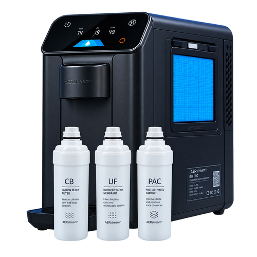 AERstream GW Pro with replacement filter set — CB carbon block, UF ultrafiltration membrane, and PAC post-activated carbon filters