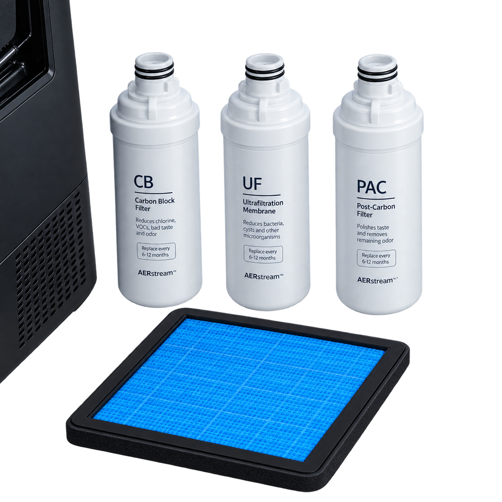 AERstream GW Pro replacement filter set — CB carbon block, UF ultrafiltration membrane, PAC post-carbon filter, and air filter pad