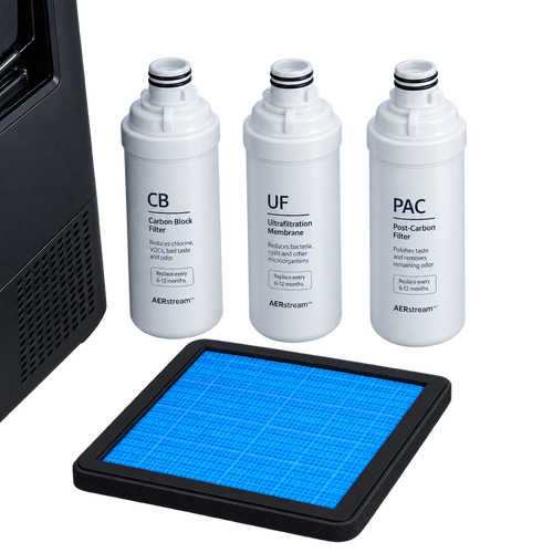 AERstream GW Pro replacement filter set — CB carbon block, UF ultrafiltration membrane, PAC post-carbon filter, and air filter pad